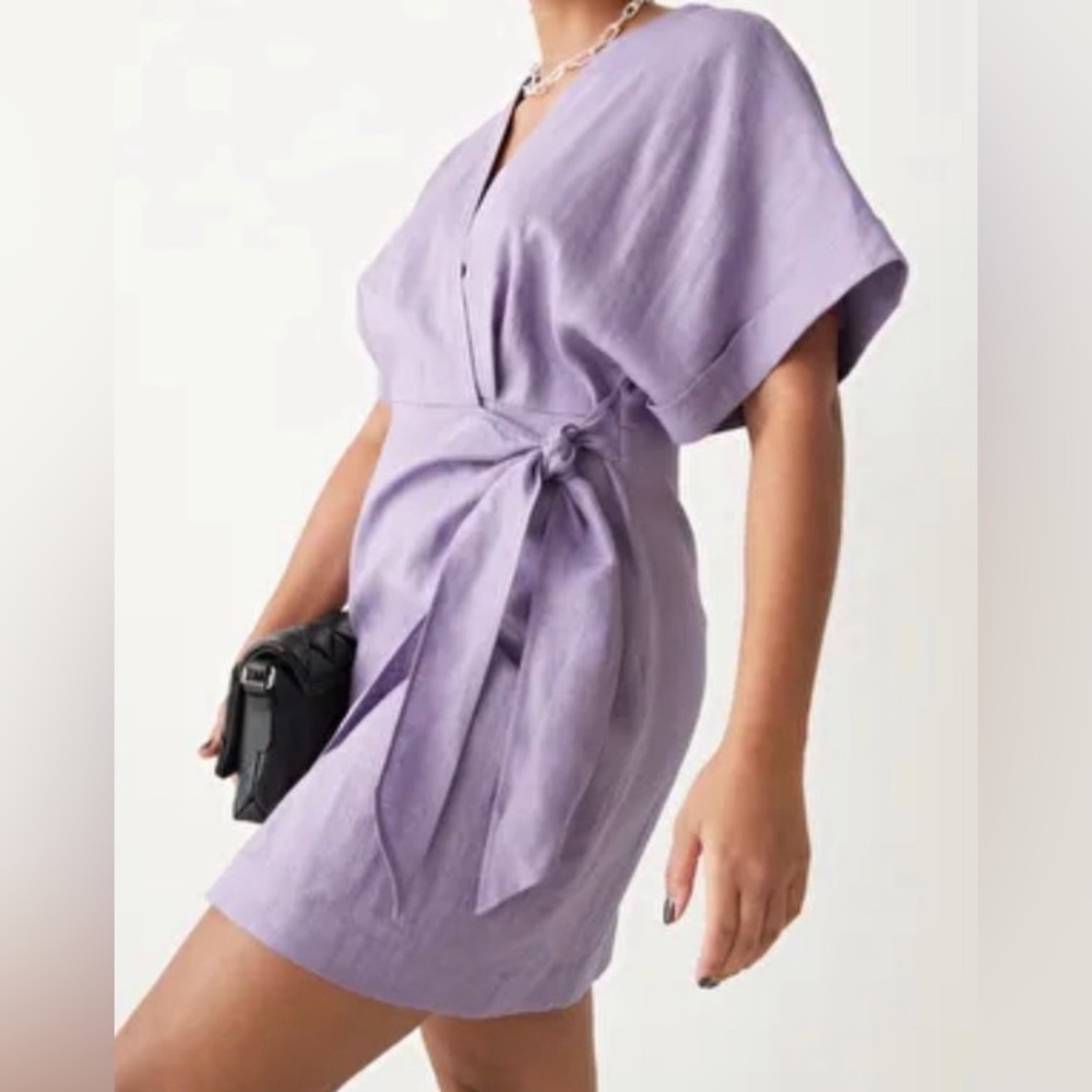 Purple Linen Wrap Mini Dress